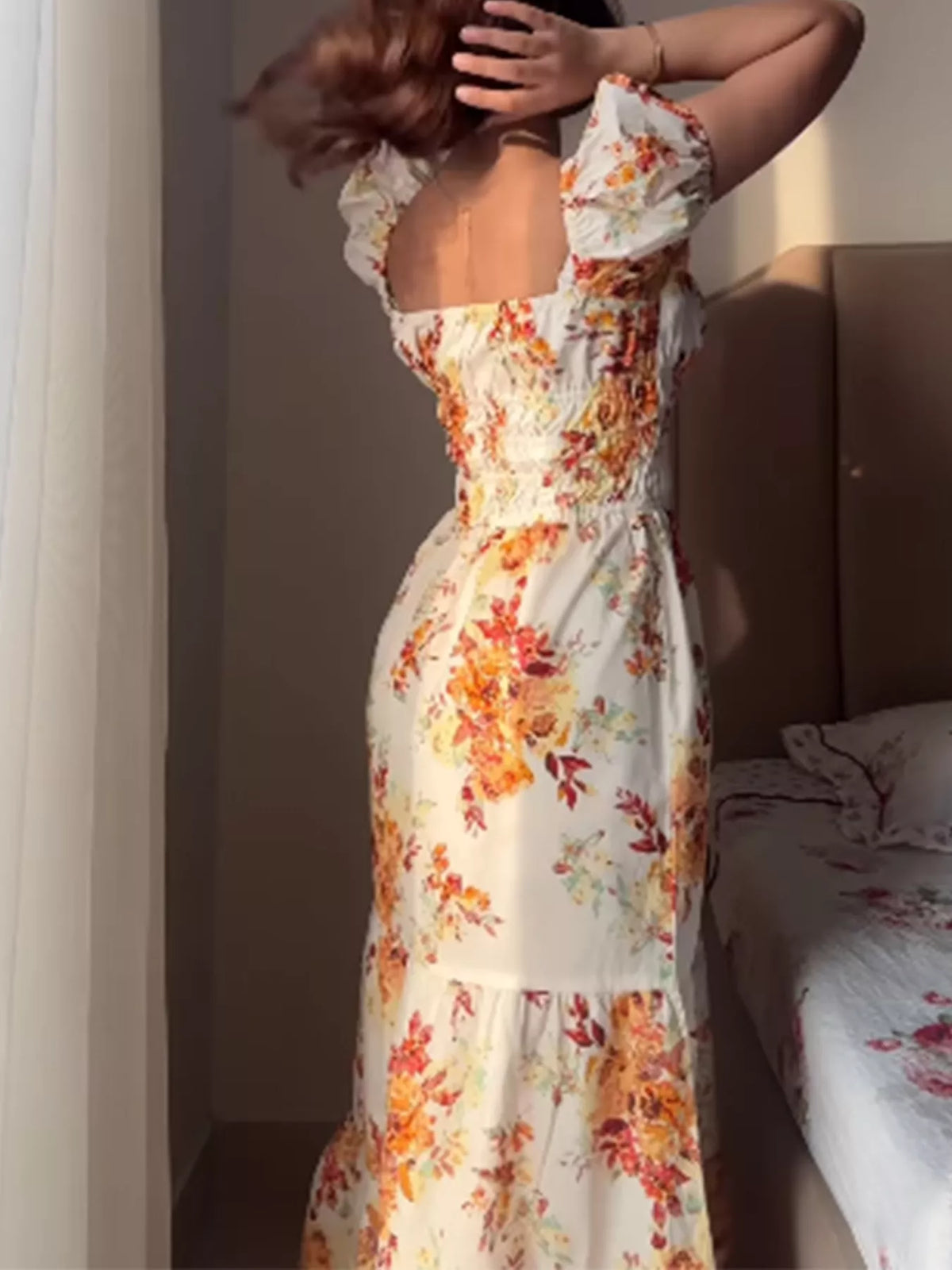 Women’s floral print short sleeve ruched maxi dress by Plush Fashion Hub, featuring a flowy design and vibrant floral patterns.