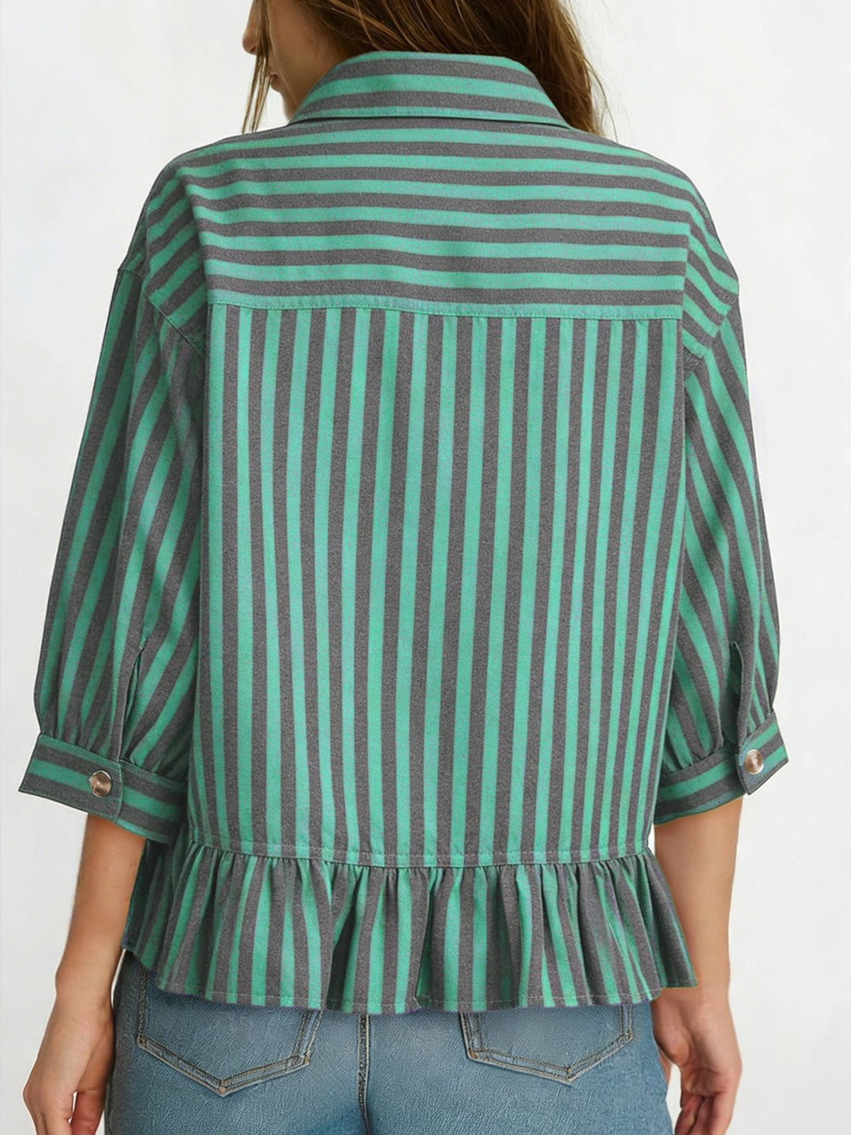 Women’s striped button-down blouse by Plush Fashion Hub, lightweight viscose with ruffled hem and stylish design.
