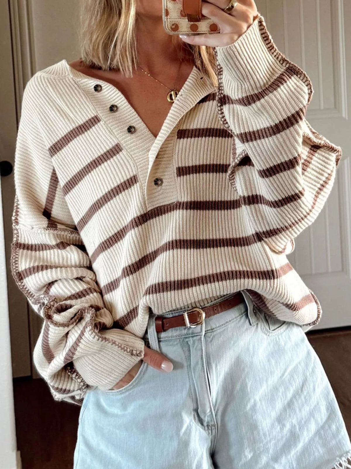 Simply Love stripe ribbed henley drop shoulder slouchy sweater, cozy and casual, featuring a relaxed fit and textured knit fabric.