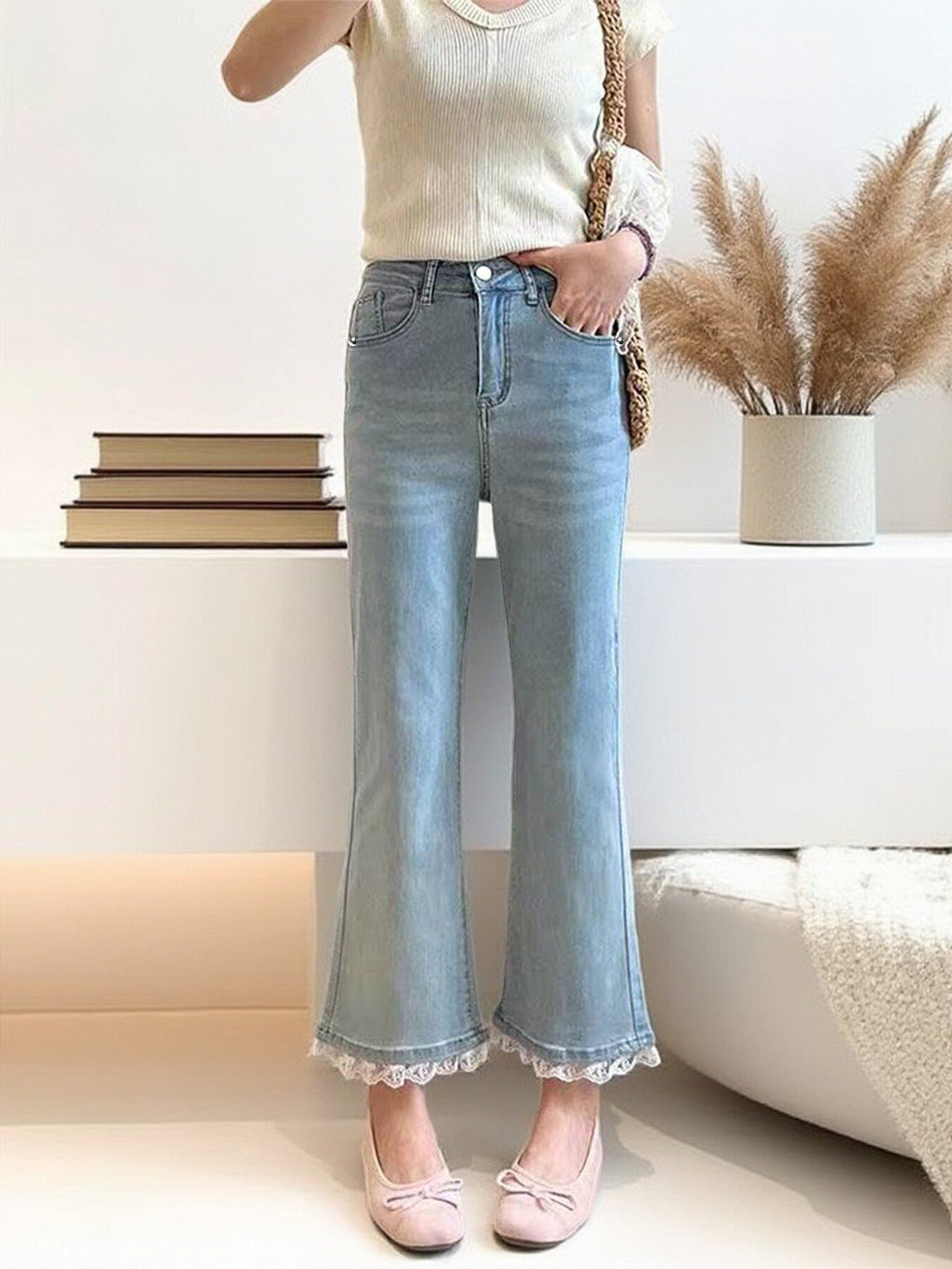 Light blue micro-flare lace stretch jeans for women by Plush Fashion Hub, casualwear with fitted waist and lace detailing.