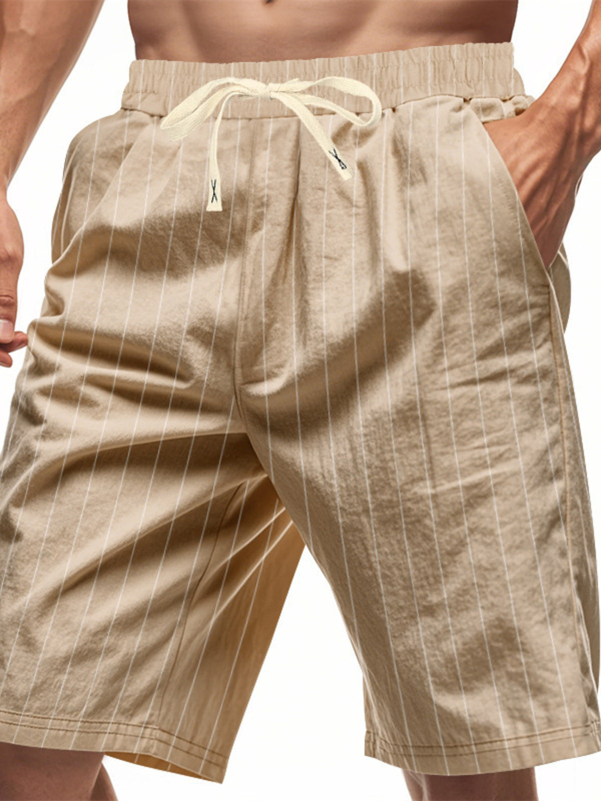 Men's plus size striped casual shorts with drawstring waist by Plush Fashion Hub, shown in a full front view.