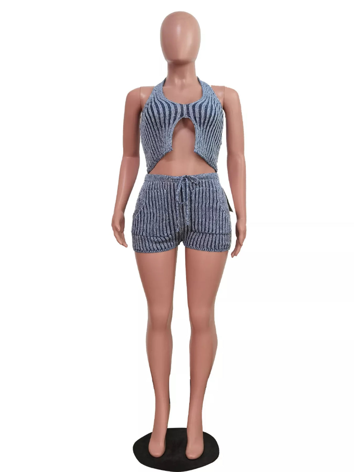 Plush Fashion Hub halter neck sweater top and matching shorts two-piece set, cozy and stylish for casual wear.