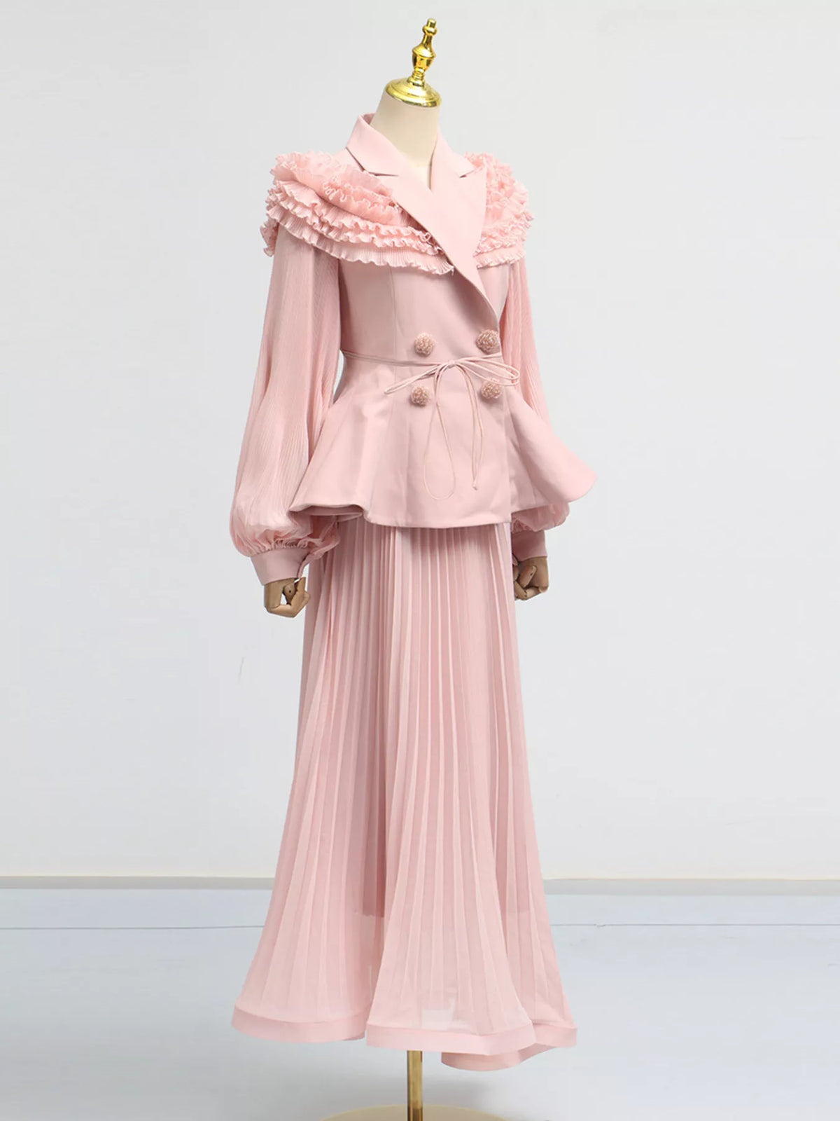 Plush Fashion Hub two-piece set featuring a frill lapel collar top and a pleated skirt, stylish and elegant for casual wear.