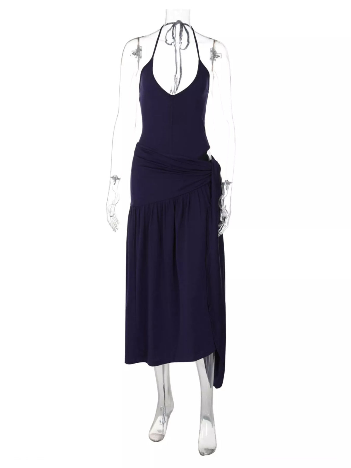 Plush Fashion Hub halter neck ruched bodysuit and matching maxi skirt set, stylish two-piece ensemble with fitted design.