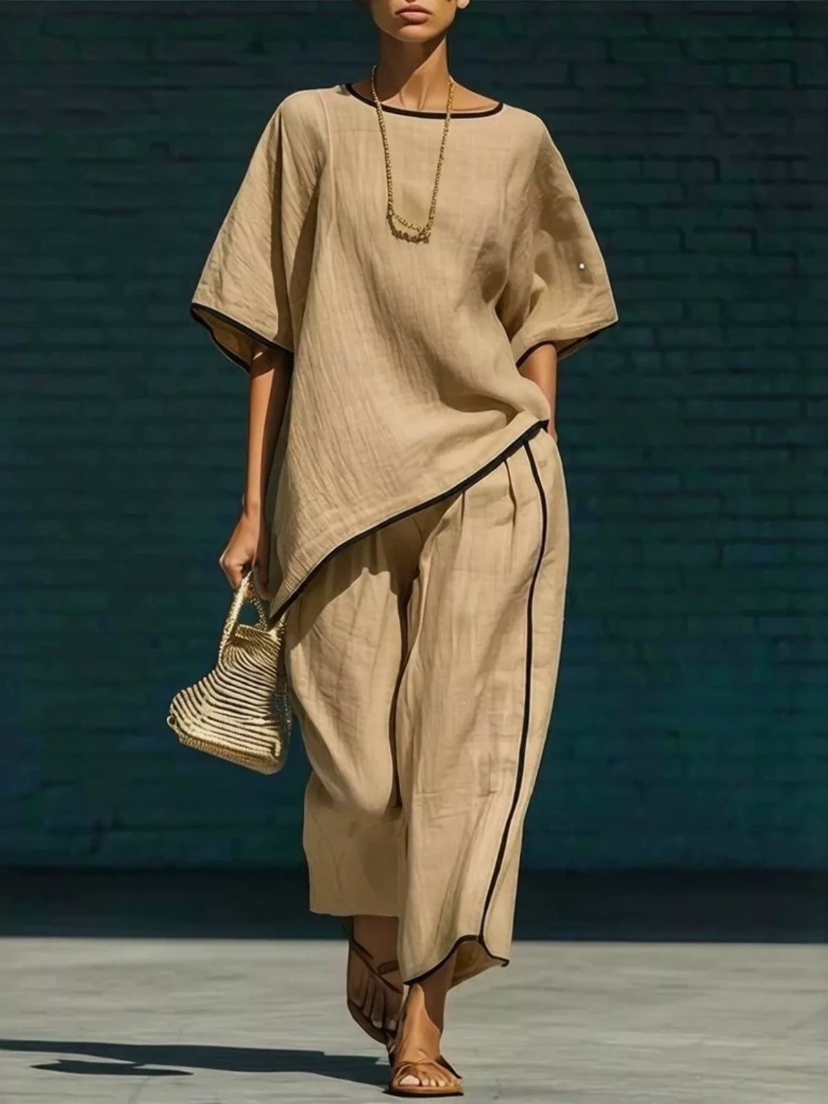 Plush Fashion Hub contrast trim round neck top and pants matching set, featuring a comfortable, stylish design.
