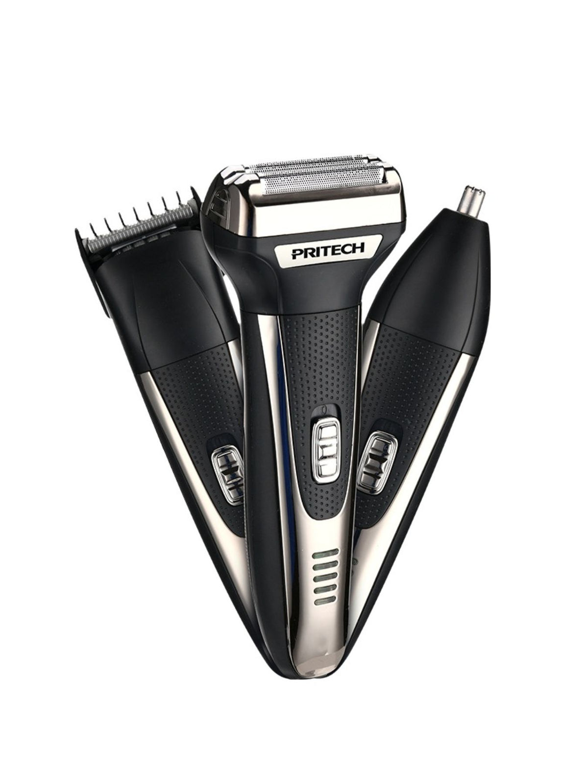 Portable Plush Fashion Hub 3-in-1 electric grooming shaver set with multiple attachments for beard, hair, and body grooming.