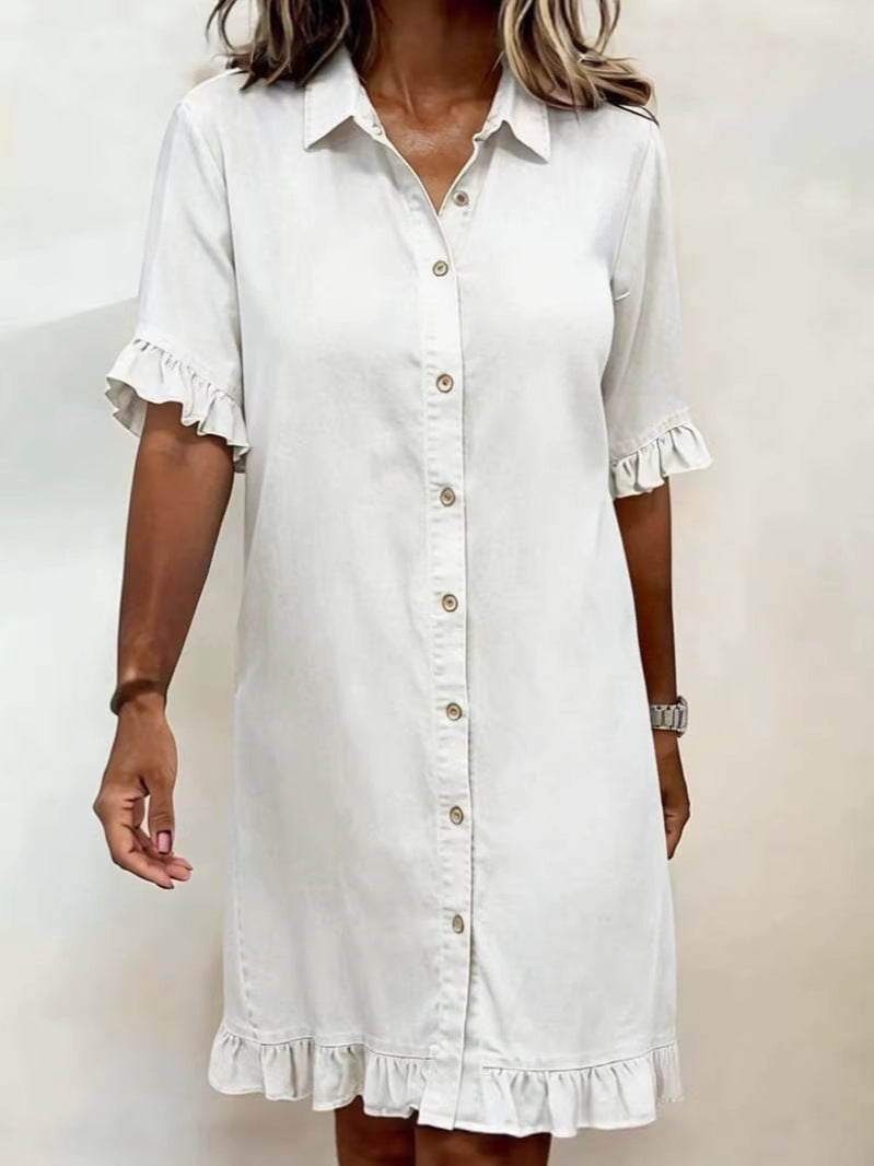Women's faux denim ruffle-sleeve shirt dress from FitiqueFit, featuring a casual style with ruffled sleeves and a relaxed fit.
