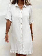 Women's faux denim ruffle-sleeve shirt dress from FitiqueFit, featuring a casual style with ruffled sleeves and a relaxed fit.