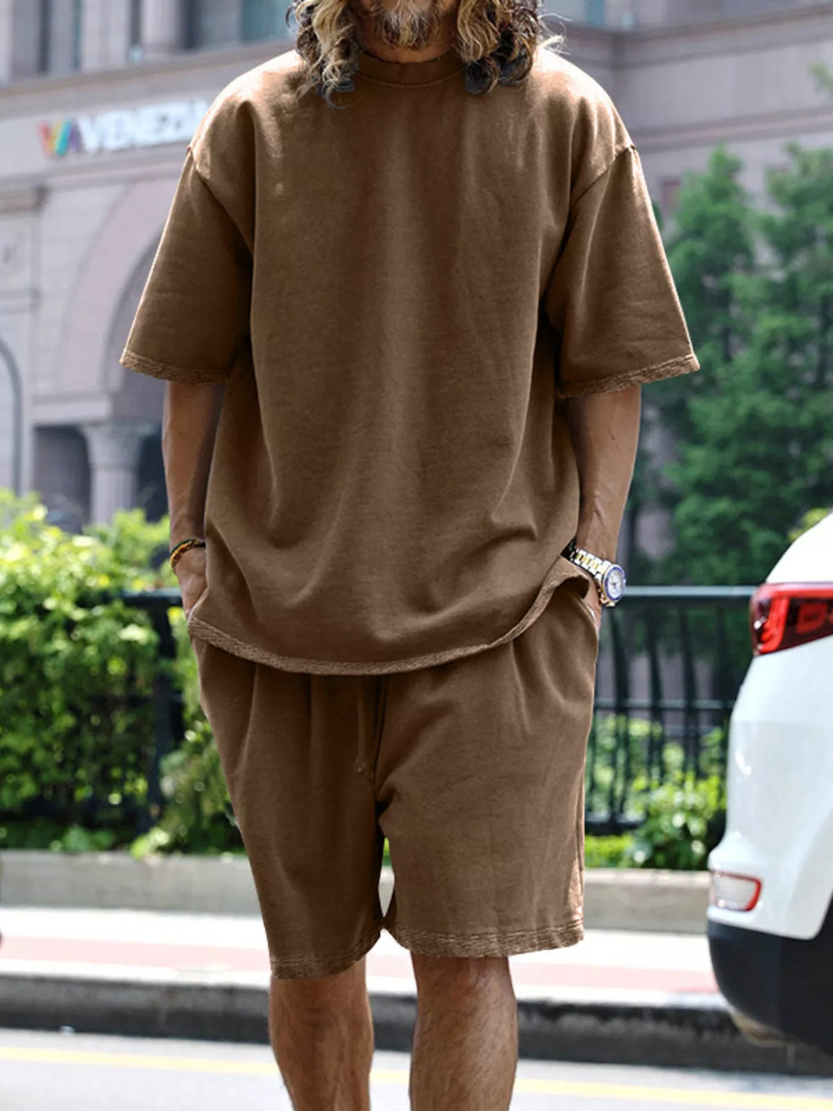 Plus size men's relaxed fit T-shirt and shorts set from Plush Fashion Hub, casual tops and shorts combo for comfortable wear.