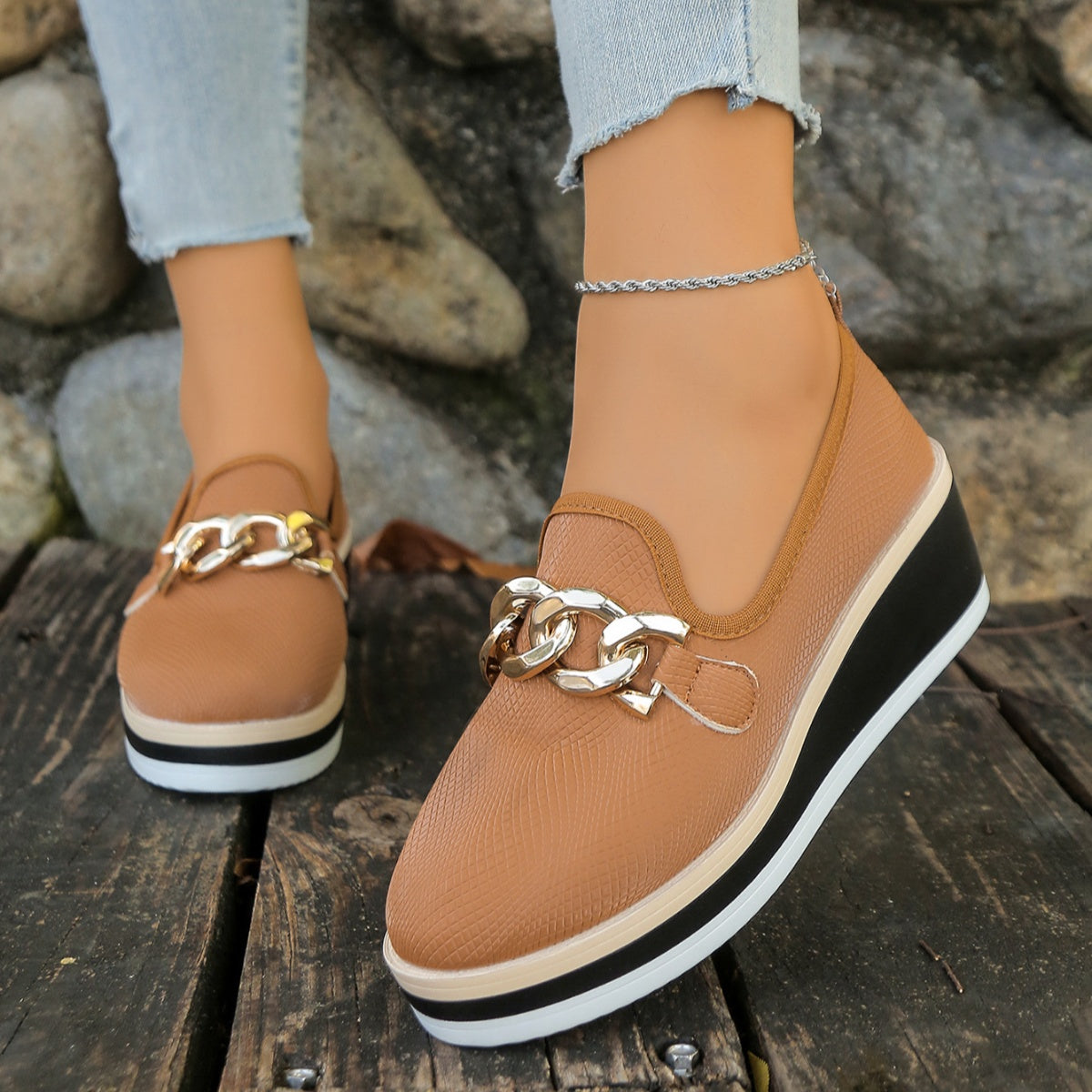 Chain decor wedge loafers from Trendsi featuring sleek footwear design with a comfortable wedge heel and stylish chain accents.