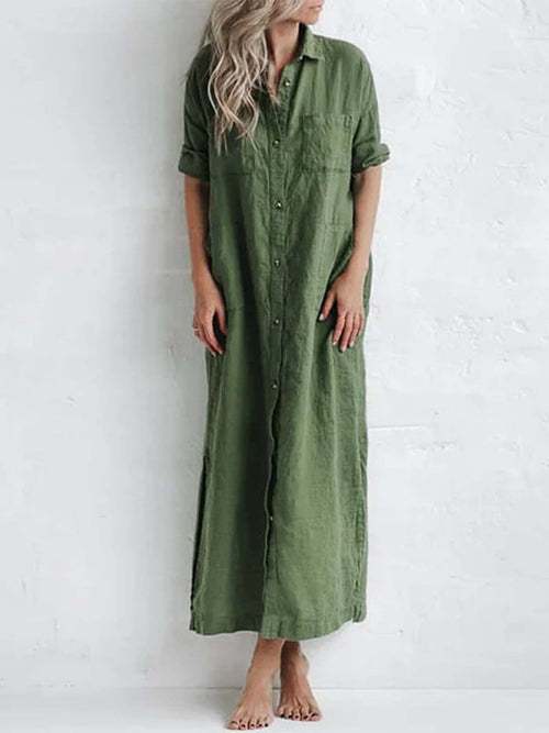 Plus size casual button-down maxi shirt dress by Trendsi featuring a relaxed fit and full-length design.