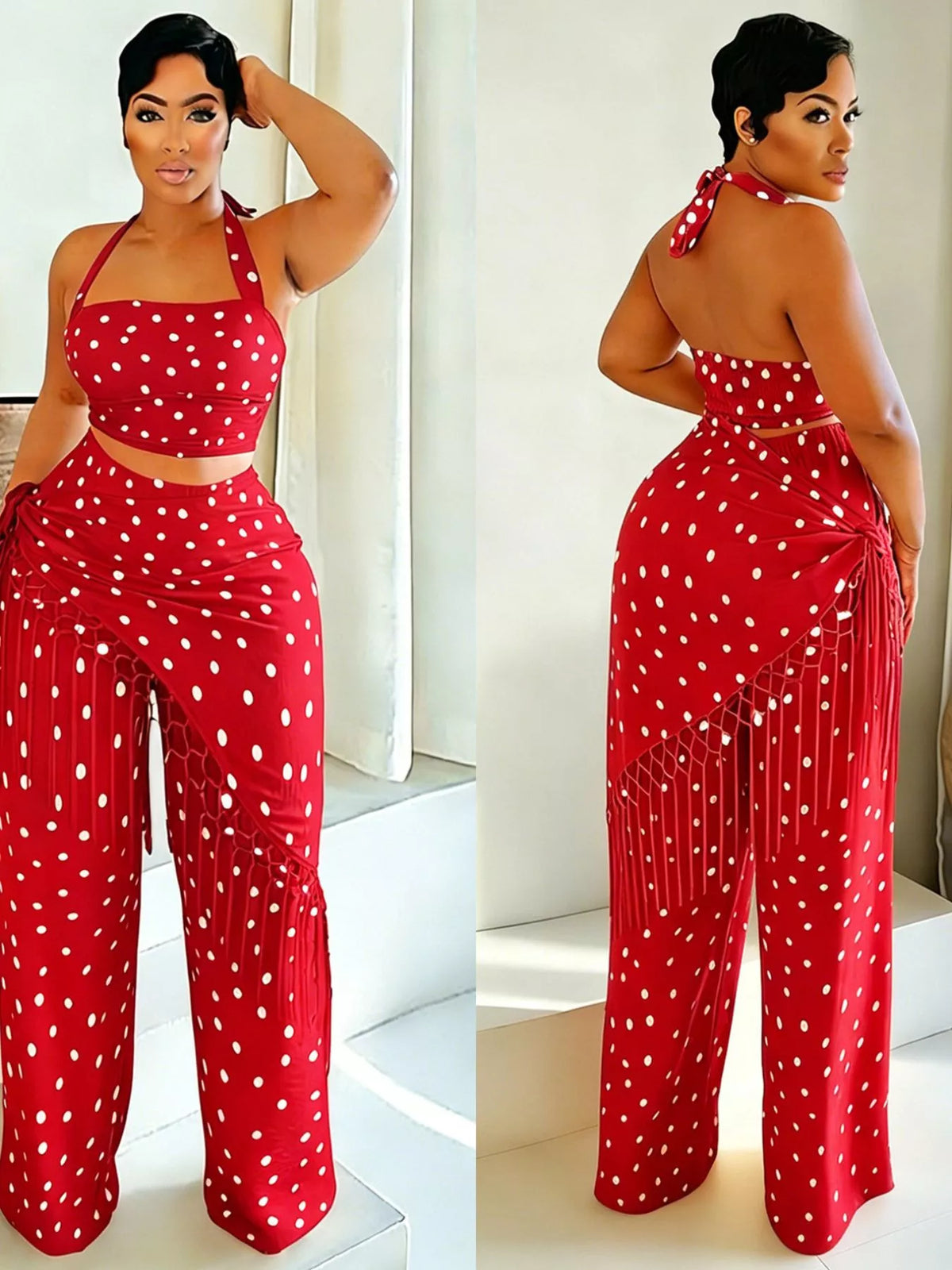 Polka dot halter neck cami with fringe trim pants set by Plush Fashion Hub, featuring rings and stylish summer fashion details.