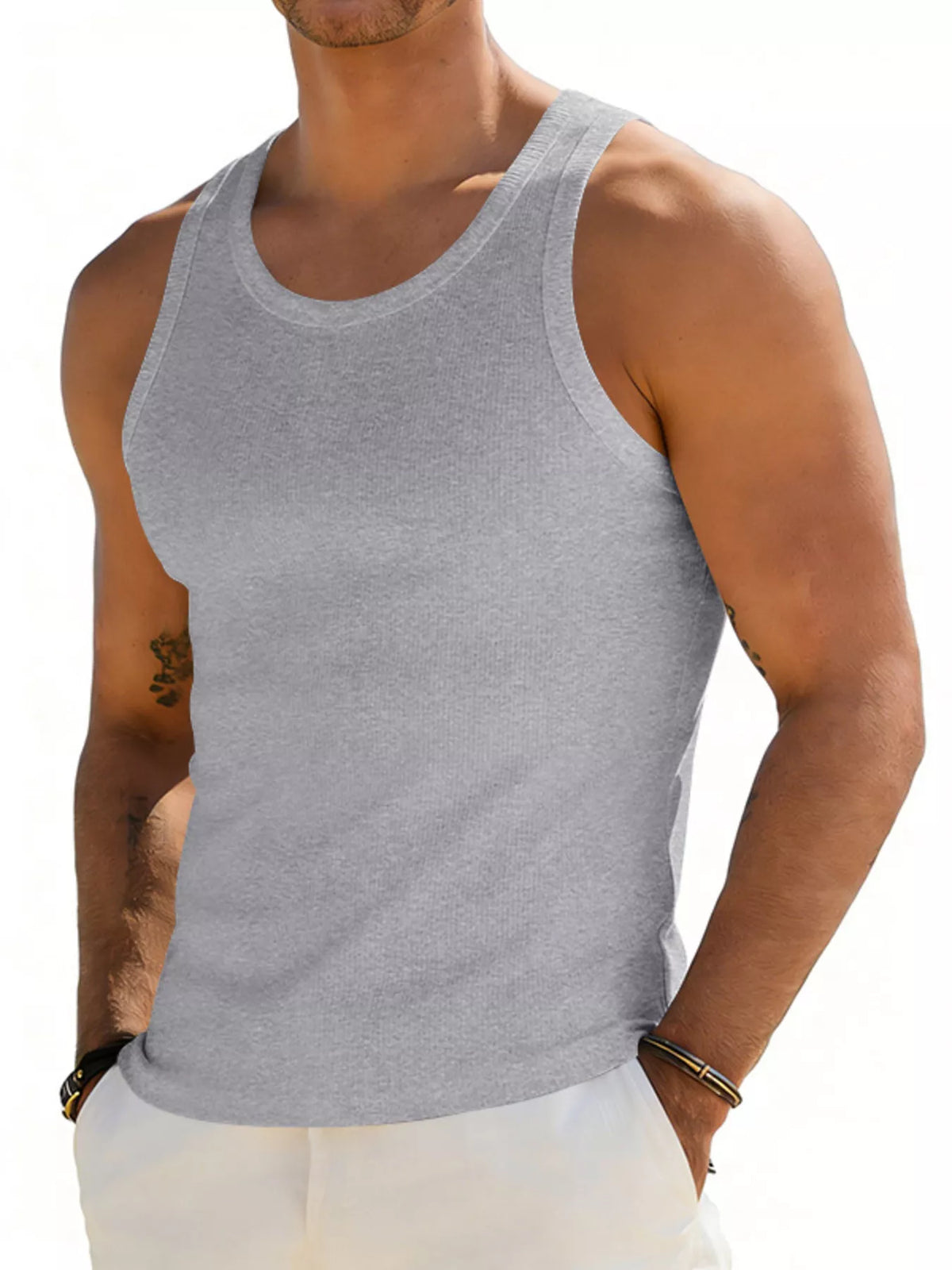 Plus size men's round neck tank top from Plush Fashion Hub, full-length view showing fit and fabric detail.