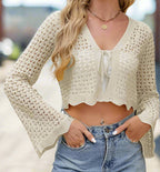 Women’s crochet cardigan short top by FitiqueFit, featuring a lightweight, open-knit design and short sleeves for a casual look.