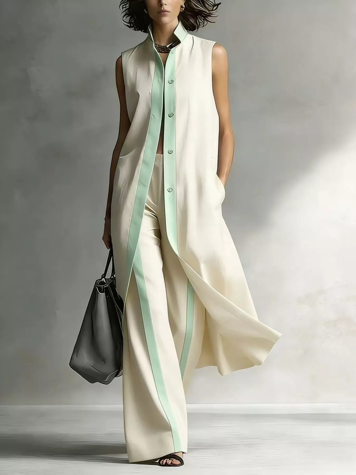 Plus size sleeveless longline vest and wide-leg pants matching set by Trendsi, featuring a stylish sleeveless vest and relaxed pants.