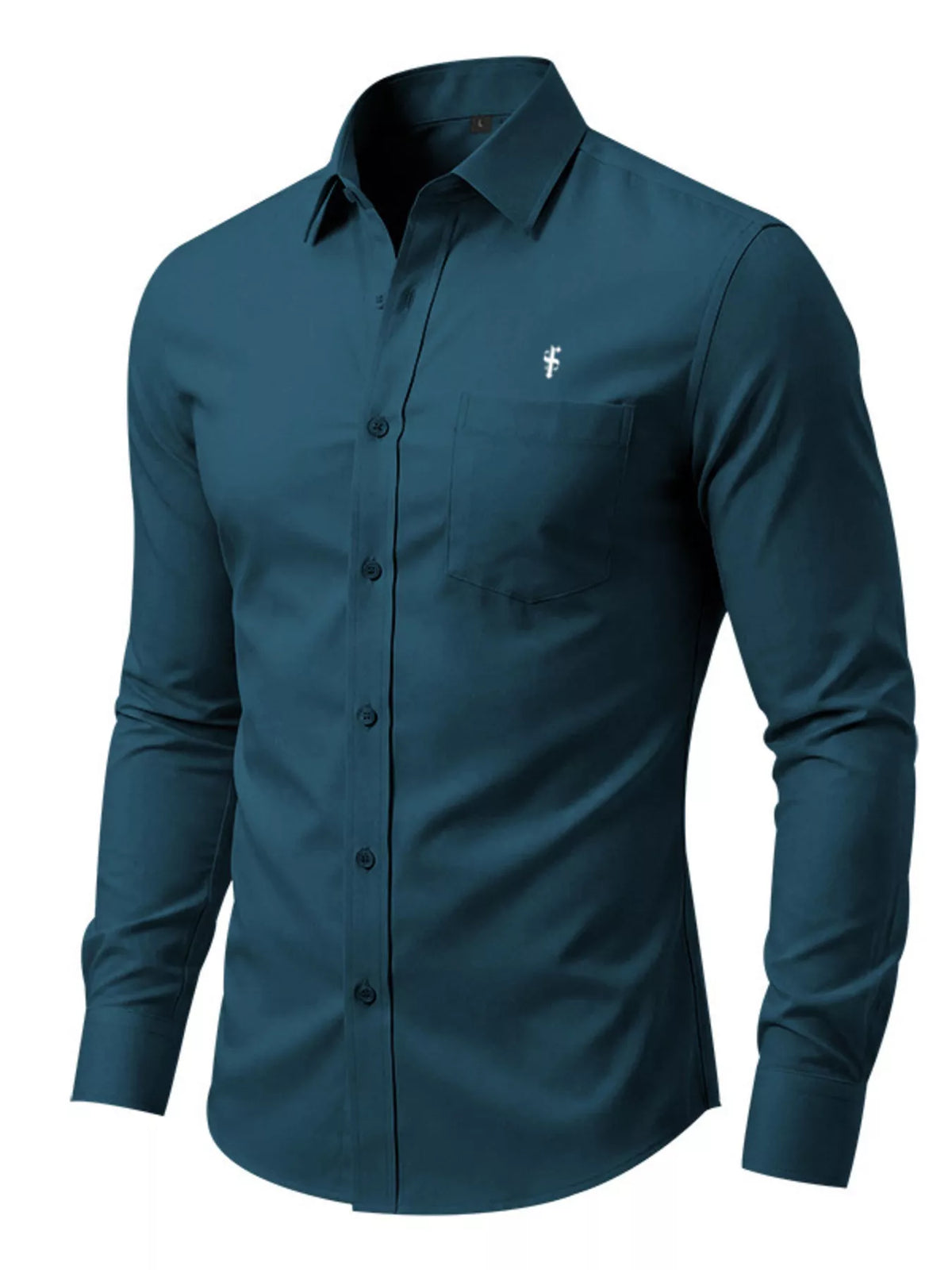 Men's slim fit button-up shirt by Plush Fashion Hub, full size plus size, shown in a stylish design on a model.