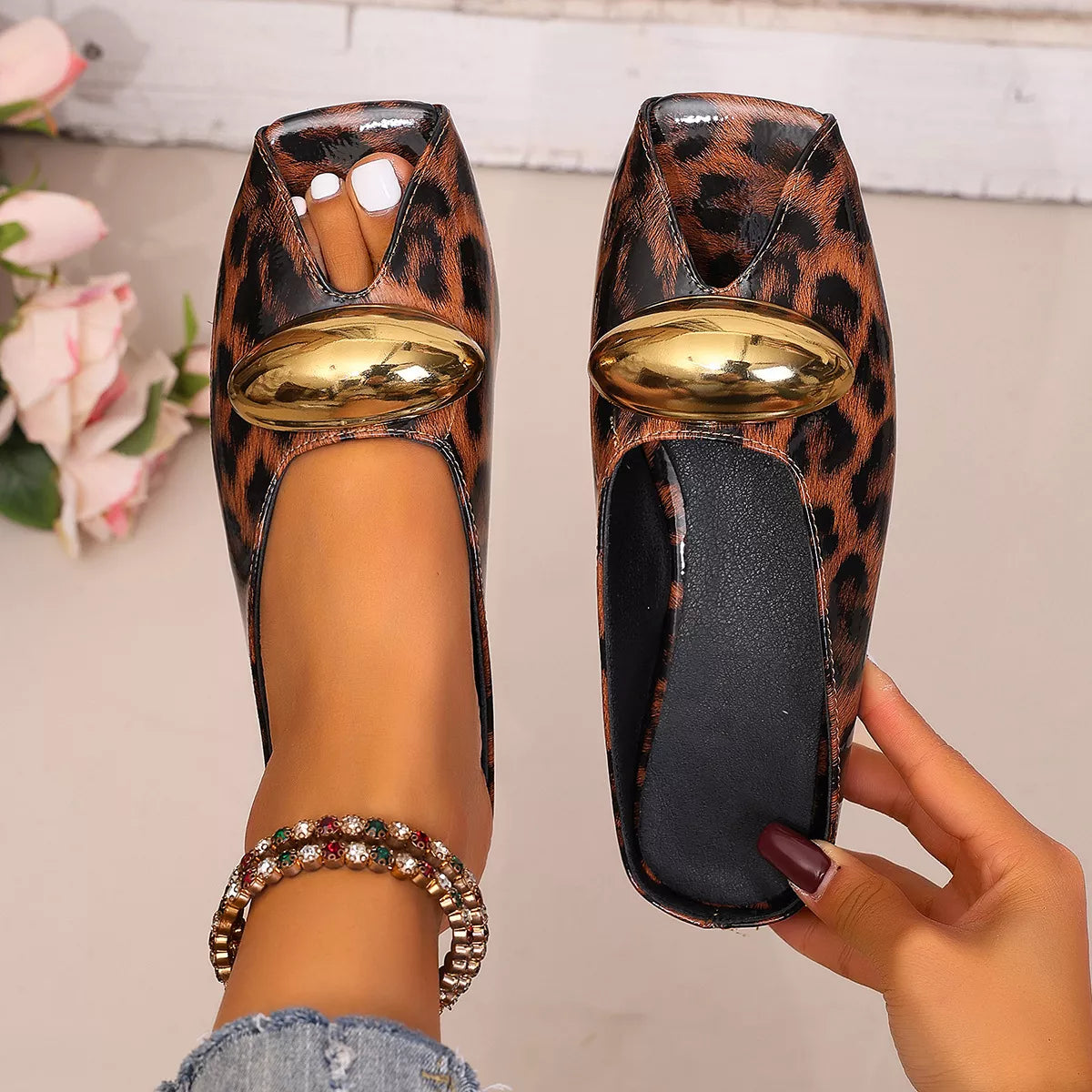Plush Fashion Hub leopard open toe sandals with plush straps and stylish design, ideal for casual or chic summer wear.