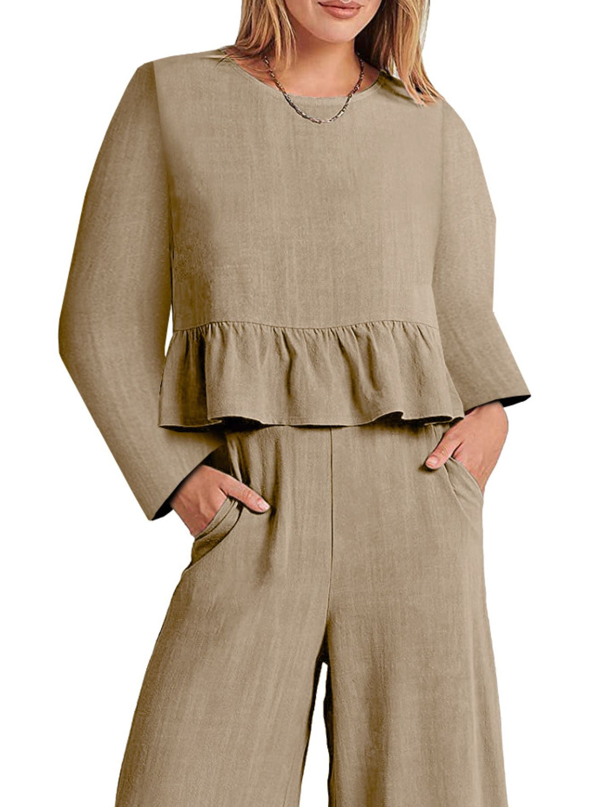 Women's plush fashion hub long sleeve ruffled hem top and matching pants lounge set with pockets, relaxed and stylish.