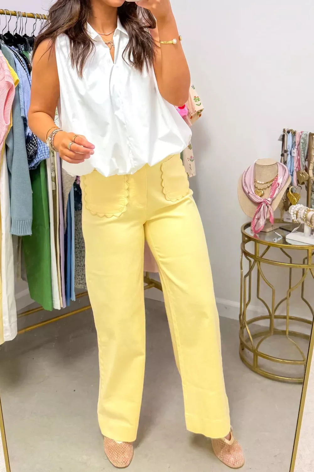 Plush Fashion Hub solid color scalloped patch pocket shift jeans featuring a relaxed fit and decorative front pockets.