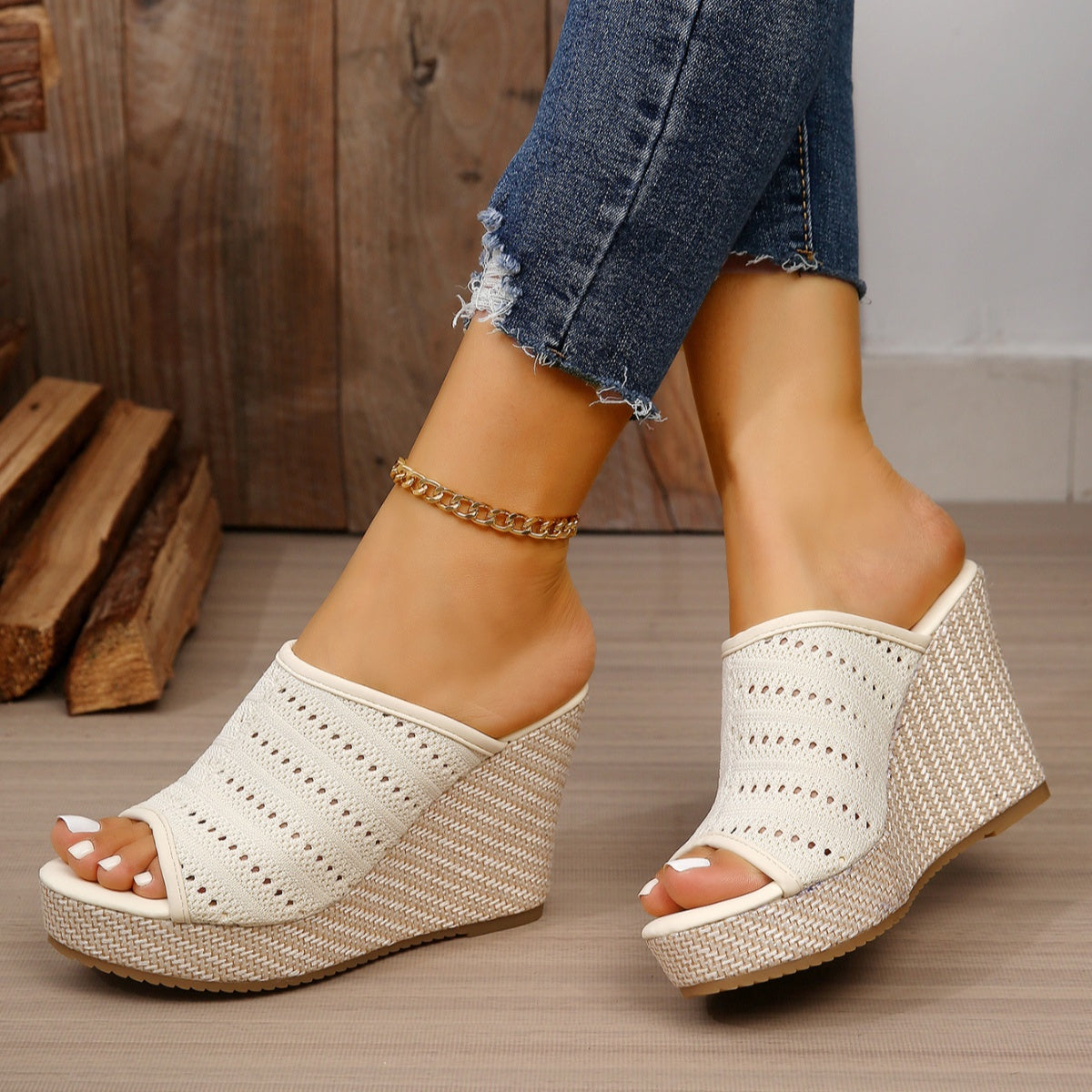 Women's mesh open toe wedge sandals with high heels and comfortable design by Plush Fashion Hub, featuring stylish straps and platform soles.