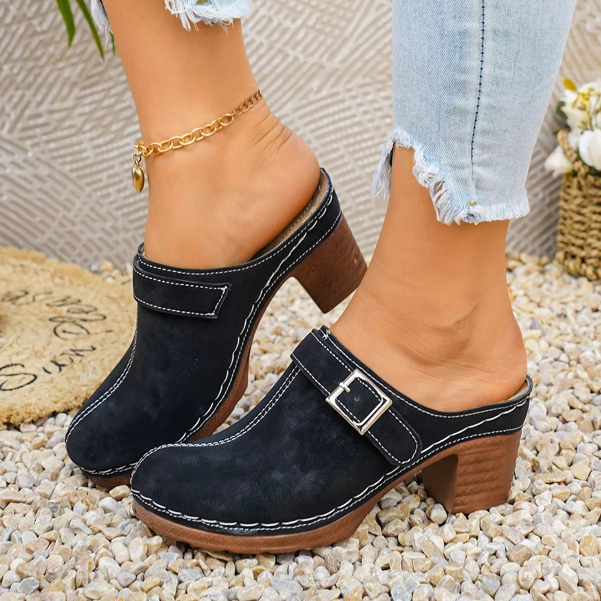 Plush Fashion Hub round toe block heel sandals featuring a classic design with a comfortable block heel and stylish upper.