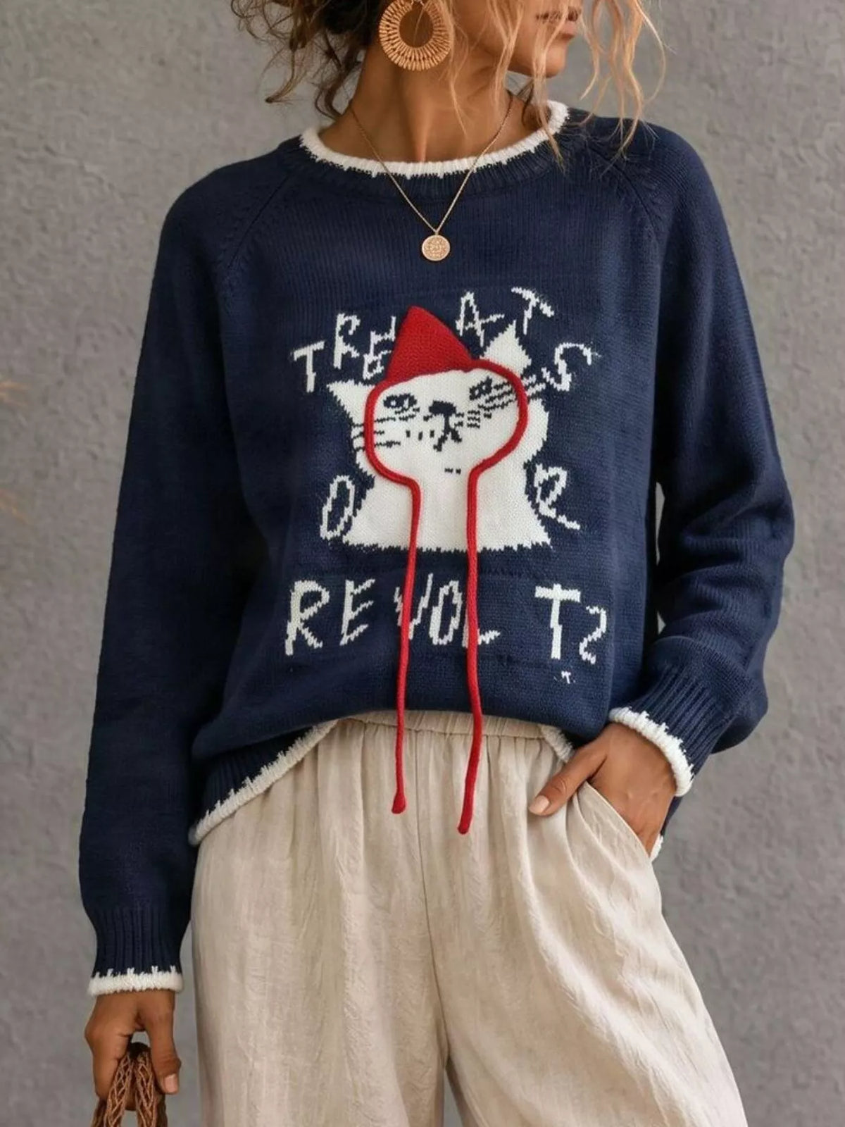 Trendsi cat raglan sleeve sweater featuring a cozy knit design with contrasting sleeve colors and a relaxed fit.