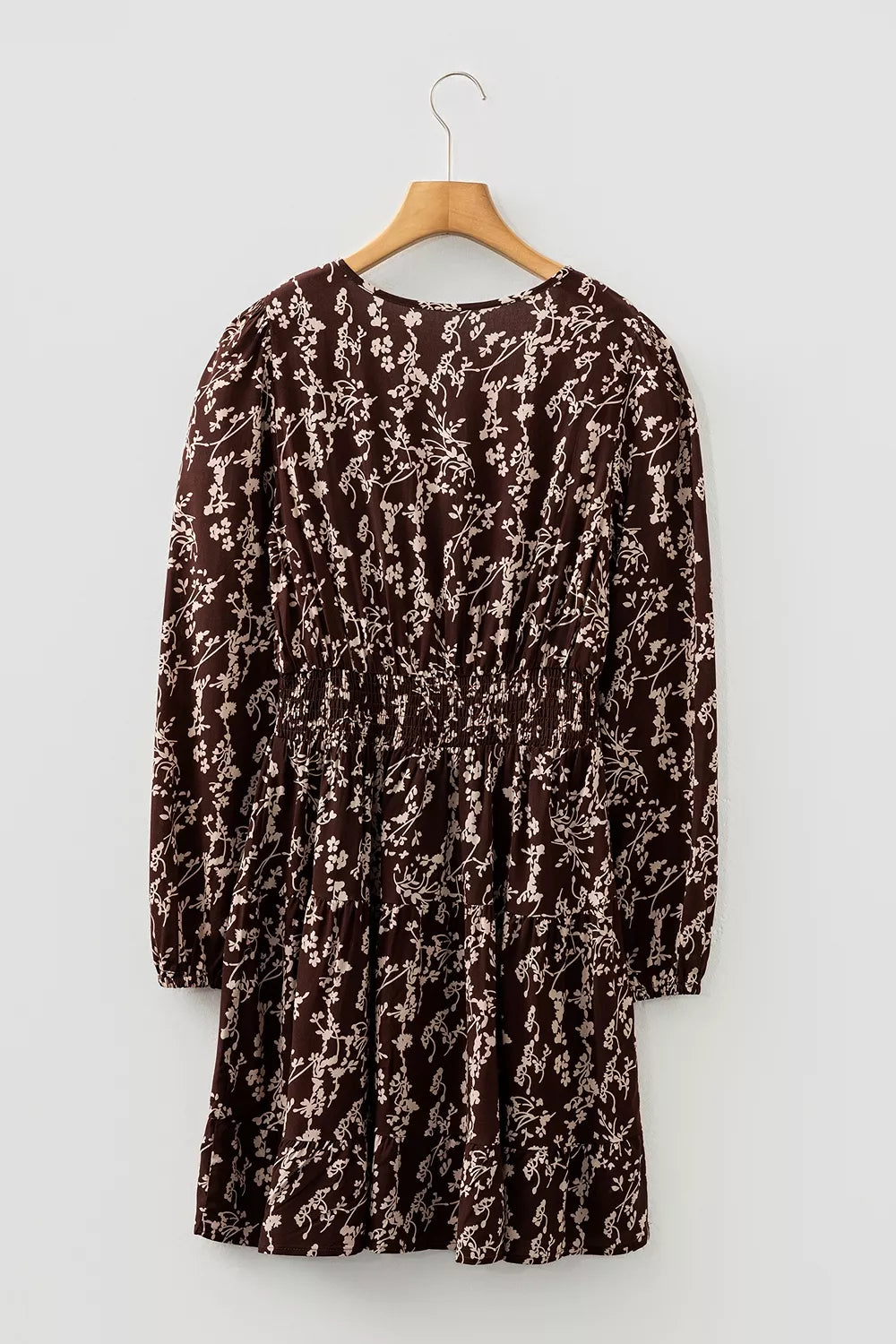 Plush Fashion Hub Ditsy floral print split neck long sleeve mini dress with shirred waist and flared skirt, perfect for spring.