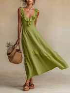 FitiqueFit sleeveless ruffle high-waist maxi dress in various colors, casualwear, with flowing fabric and ruffle details.