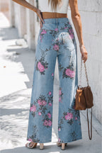 Esme floral print bootcut jeans by Threaded Pear featuring a colorful floral pattern and classic denim fit.