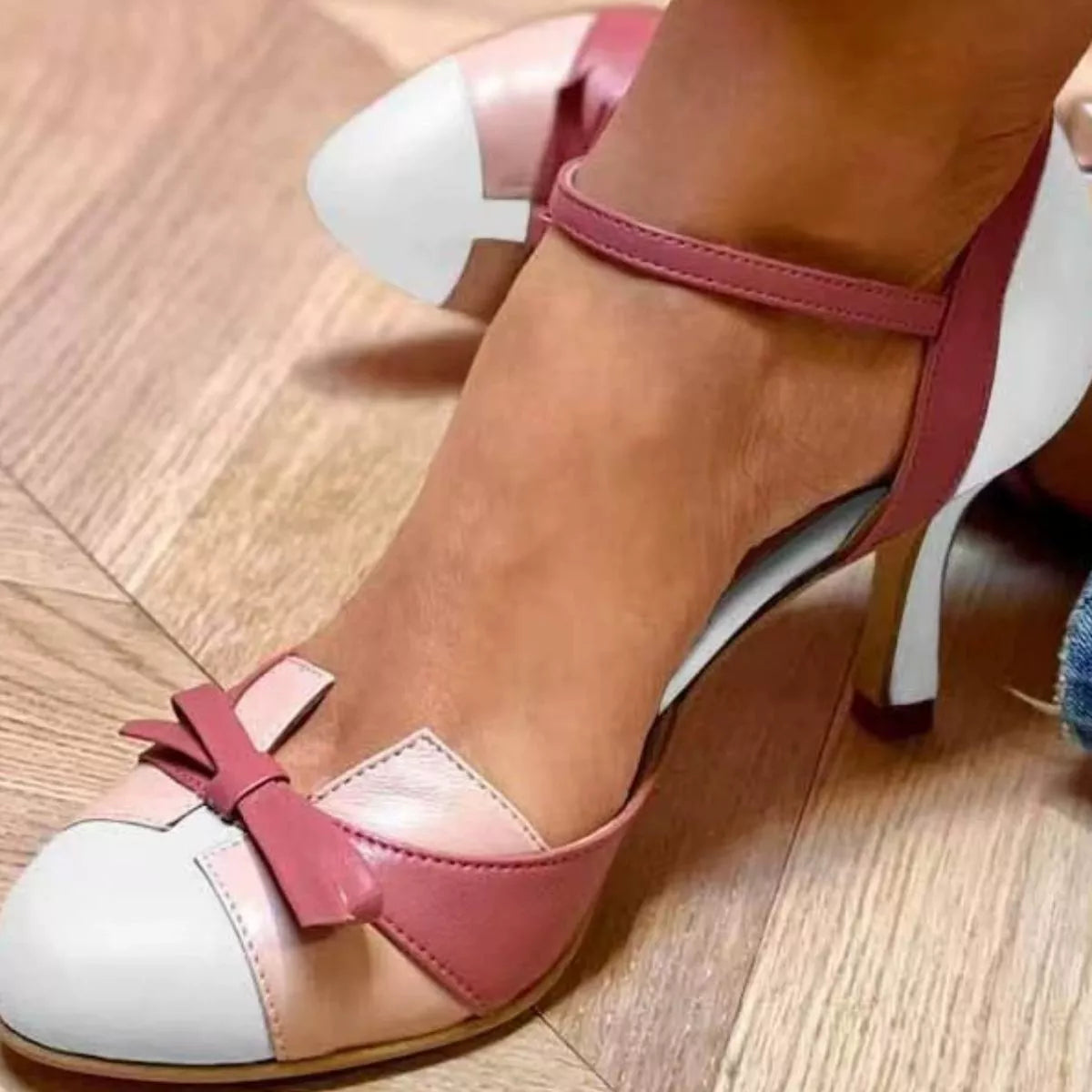 Plush Fashion Hub bow round toe mid heel sandals with ankle straps and open toe design, stylish and comfortable footwear.