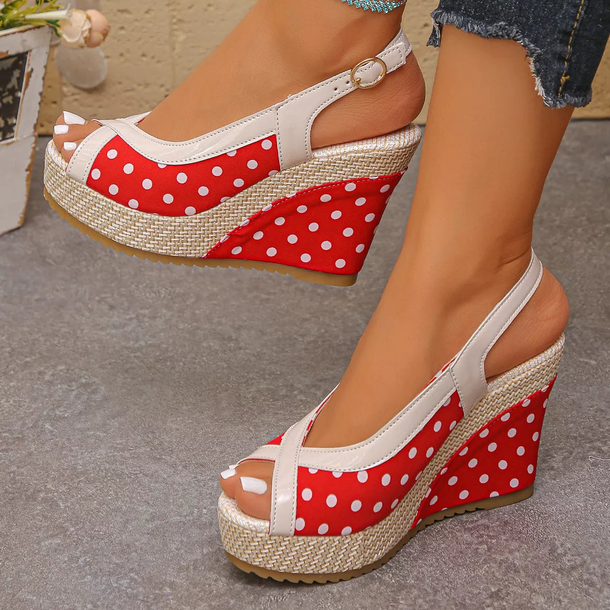 Polka dot peep toe wedge sandals by Trendsi, showcasing stylish footwear with a dotted pattern and open toe design.