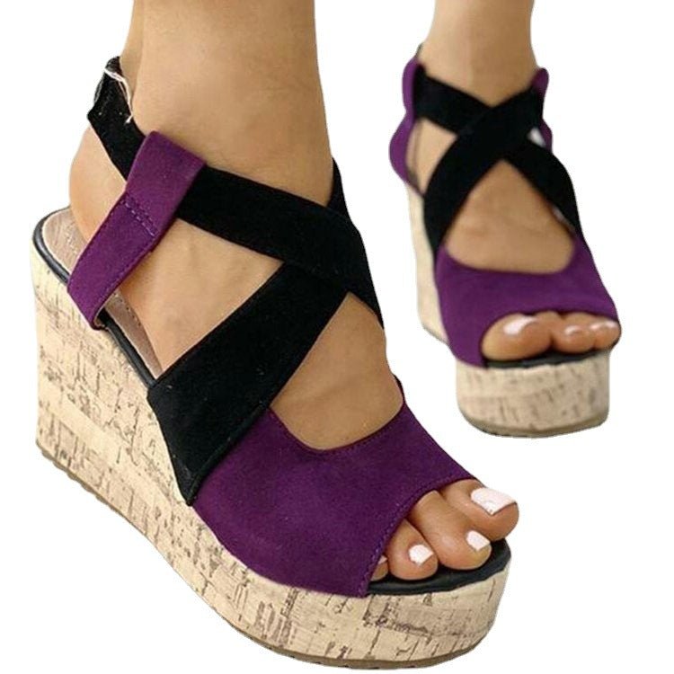 European and American style Fish Mouth high heel wedge sandals with sleeve design, in black, featuring open toe and fashionable silhouette.