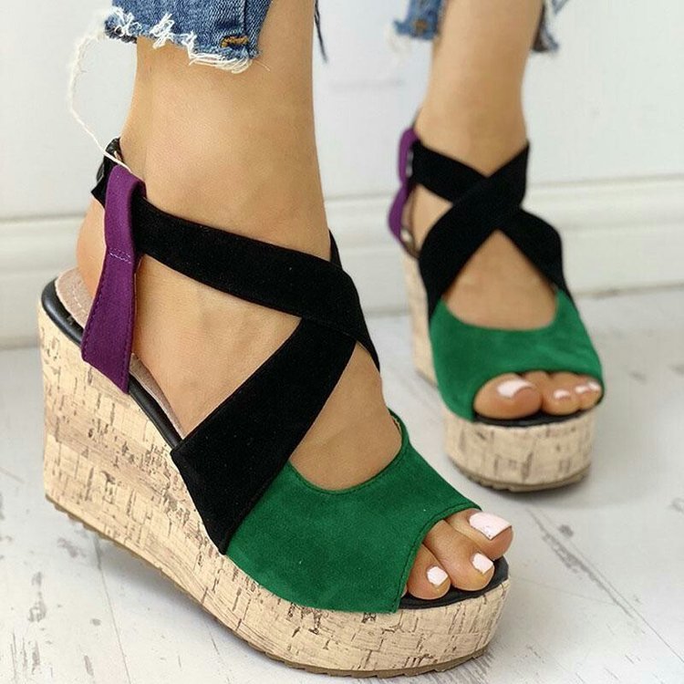 European and American style fish-mouth high heel wedge sandals with sleeve design by LadyShow, featuring a trendy and stylish look.