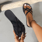 Black FitiqueFit flat strappy cross-strap beach sandals with minimalist design and comfortable flat sole.