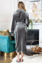 Women's ultra-soft plush bathrobe from Lotus Linen, showcasing a cozy fleece bathrobe with a relaxed fit and plush texture.