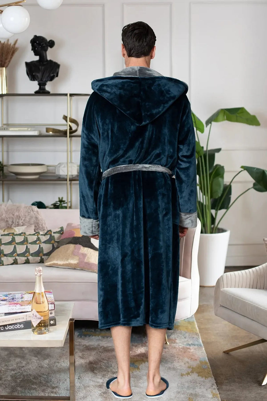 Men’s hooded fleece robe by Lotus Linen, ultra-soft plush fabric for cozy comfort and everyday wear.