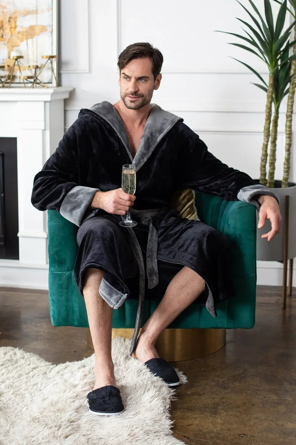 Men’s hooded robe from Lotus Linen, made of ultra-soft plush fabric, featuring a cozy hood and relaxed fit for everyday comfort.