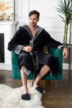 Men’s hooded robe from Lotus Linen, made of ultra-soft plush fabric, featuring a cozy hood and relaxed fit for everyday comfort.