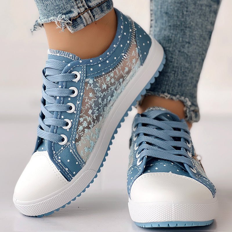 Women’s casual canvas sneakers with floral embroidery and polka dot print by FitiqueFit, featuring comfortable slip-on design.
