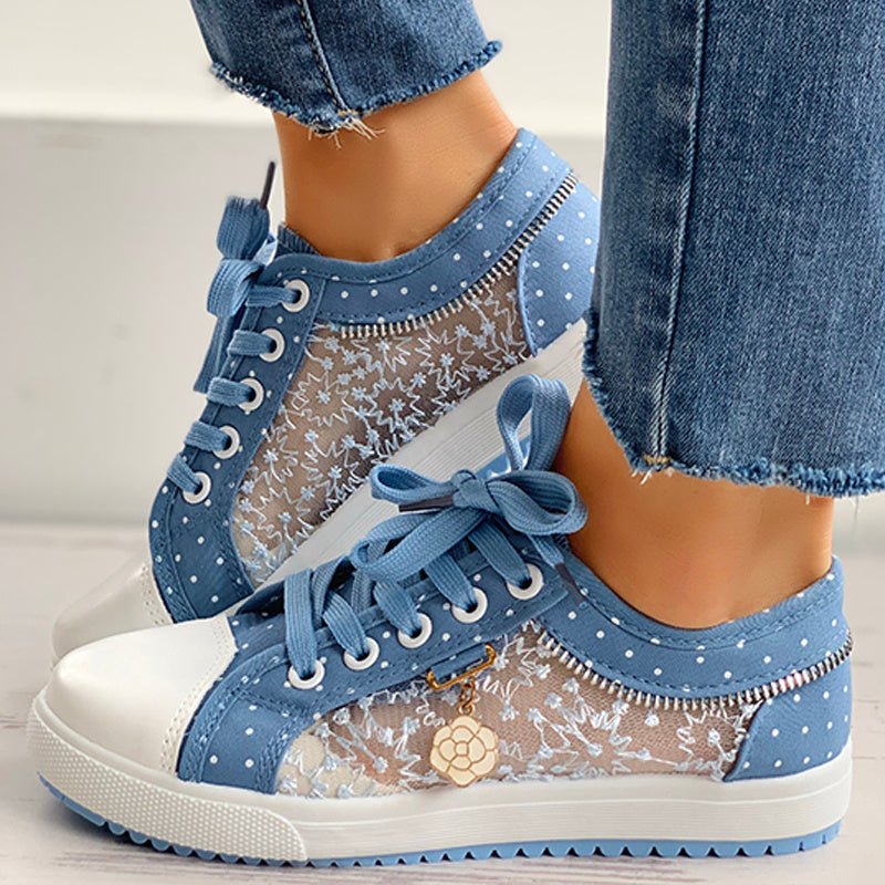 Women's casual canvas sneakers by FitiqueFit featuring floral embroidery and polka dot print, perfect for everyday wear.