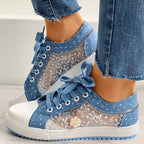 Women's casual canvas sneakers by FitiqueFit featuring floral embroidery and polka dot print, perfect for everyday wear.