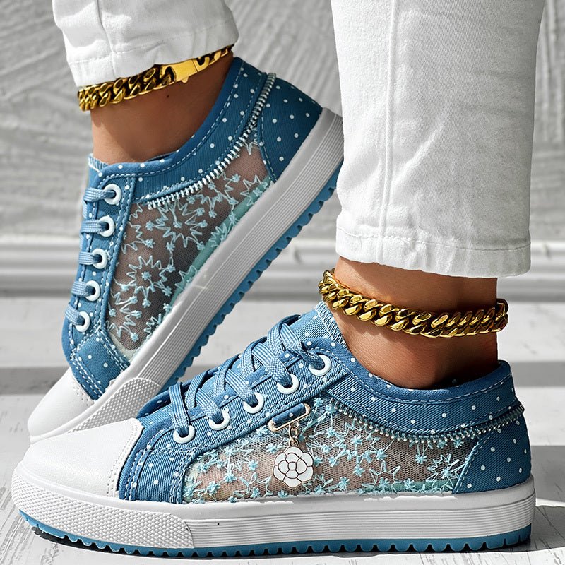 Women’s casual canvas sneakers by FitiqueFit with floral embroidery and polka dot print, perfect for everyday style.