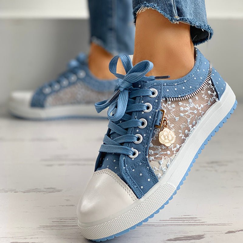 Women's casual canvas sneakers by FitiqueFit featuring floral embroidery and polka dot print for a stylish, comfortable look.