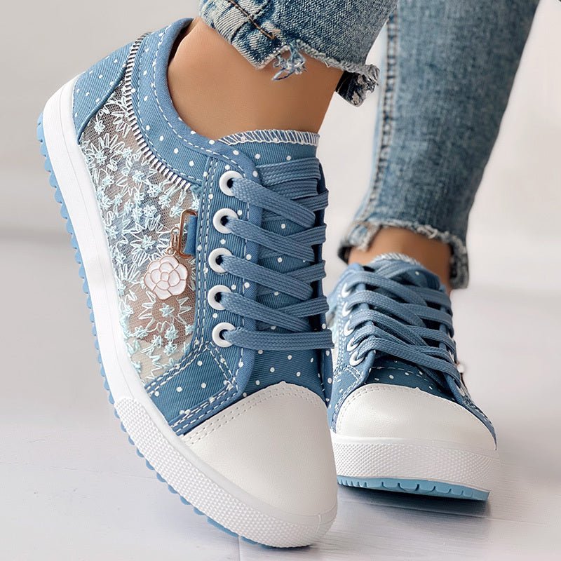 Women's floral embroidered polka dot print sneakers by FitiqueFit, casual canvas shoes with colorful floral embroidery and polka dots.