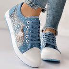 Women's floral embroidered polka dot print sneakers by FitiqueFit, casual canvas shoes with colorful floral embroidery and polka dots.