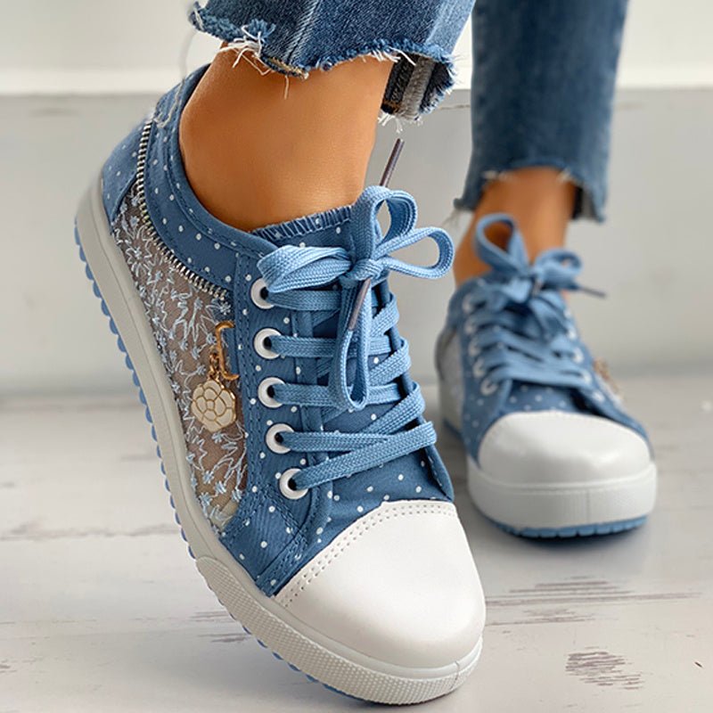 Women's floral embroidered polka dot print sneakers by FitiqueFit, casual canvas footwear with colorful floral embroidery details.