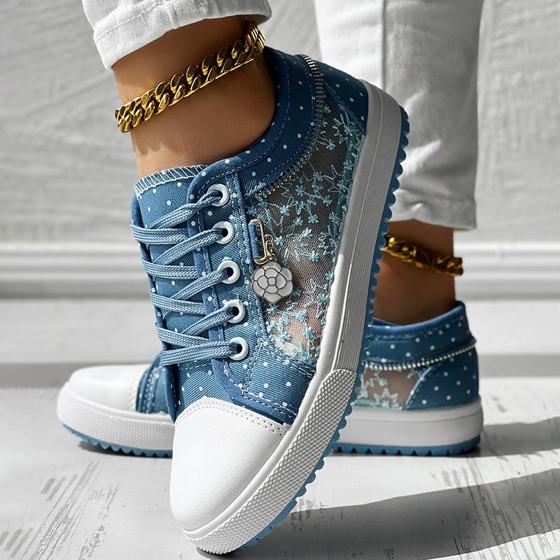 Women's casual canvas sneakers with floral embroidery and polka dot print by FitiqueFit, featuring comfortable slip-on design.