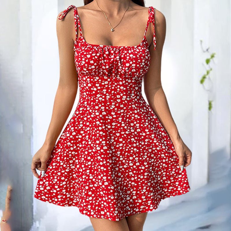 FitiqueFit floral mini dress with spaghetti straps, tie shoulders, and ruffle details, perfect for summer boho casualwear.