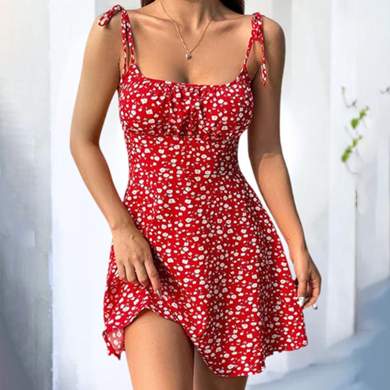 FitiqueFit floral mini dress featuring spaghetti straps, tie shoulders, ruffles, perfect for summer boho casualwear.