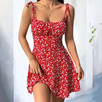 FitiqueFit floral mini dress featuring spaghetti straps, tie shoulders, ruffles, perfect for summer boho casualwear.